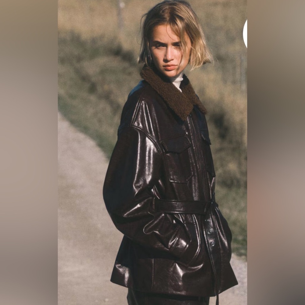H&M Chocolate Brown Leather Jacket with Shearling Collar * Sold out online*